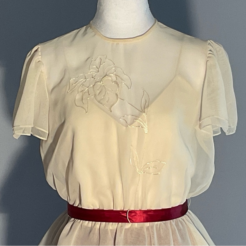 True Vintage 1980s Sheer Embroidered Church Dress with Ribbon Sash - Picture 3 of 16